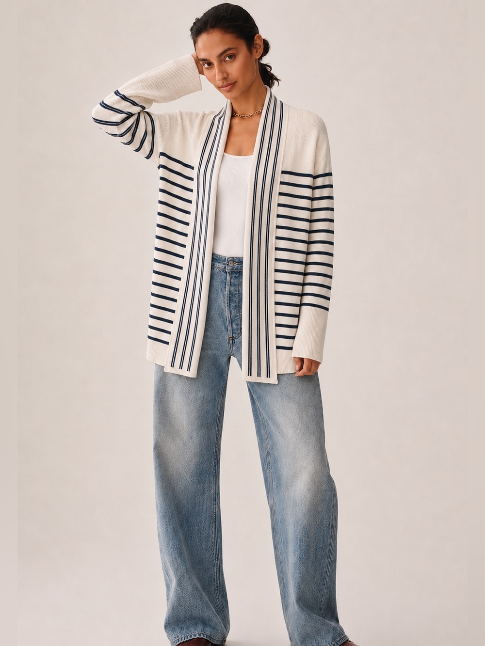 Caroline Grace 100% Cashmere Striped Shawl Collar Open Front Cardigan Medium